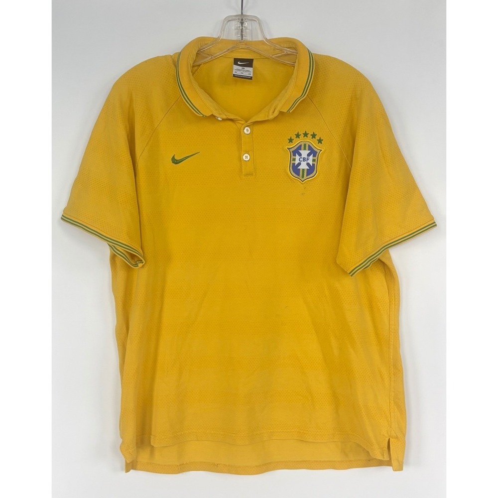 Nike Brazil CBF Soccer Polo Shirt Mens XL Yellow Short Sleeve Pique Cotton Logos
